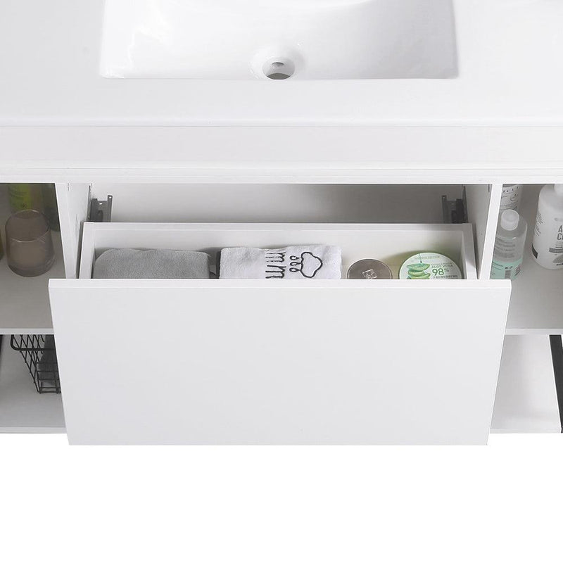 48" Bathroom Vanity with Sink,Bathroom Vanity Cabinet with Two Soft Close Cabinet Doors & soft-close Drawers,Bathroom Storage Cabinet with a Lower Open Shelf,with Metal Legs,White Ceramic Sink,White - Supfirm