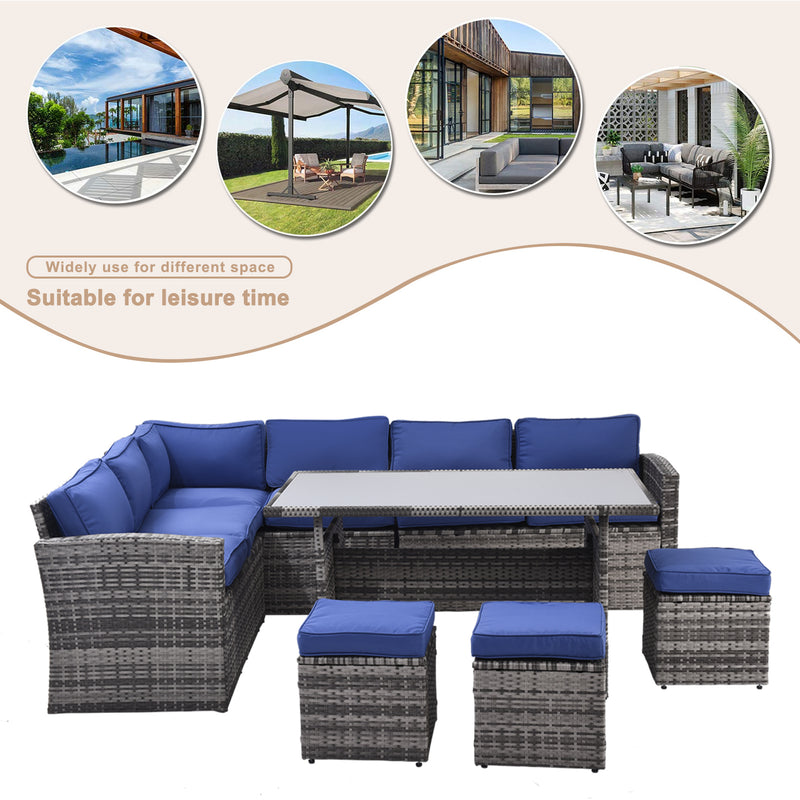 Supfirm Outdoor Patio Furniture Set,7 Pieces Outdoor Sectional Conversation Sofa with Dining Table,Chairs and Ottomans,All Weather PE Rattan and Steel Frame,With Backrest and Removable Cushions(Grey+Blue)