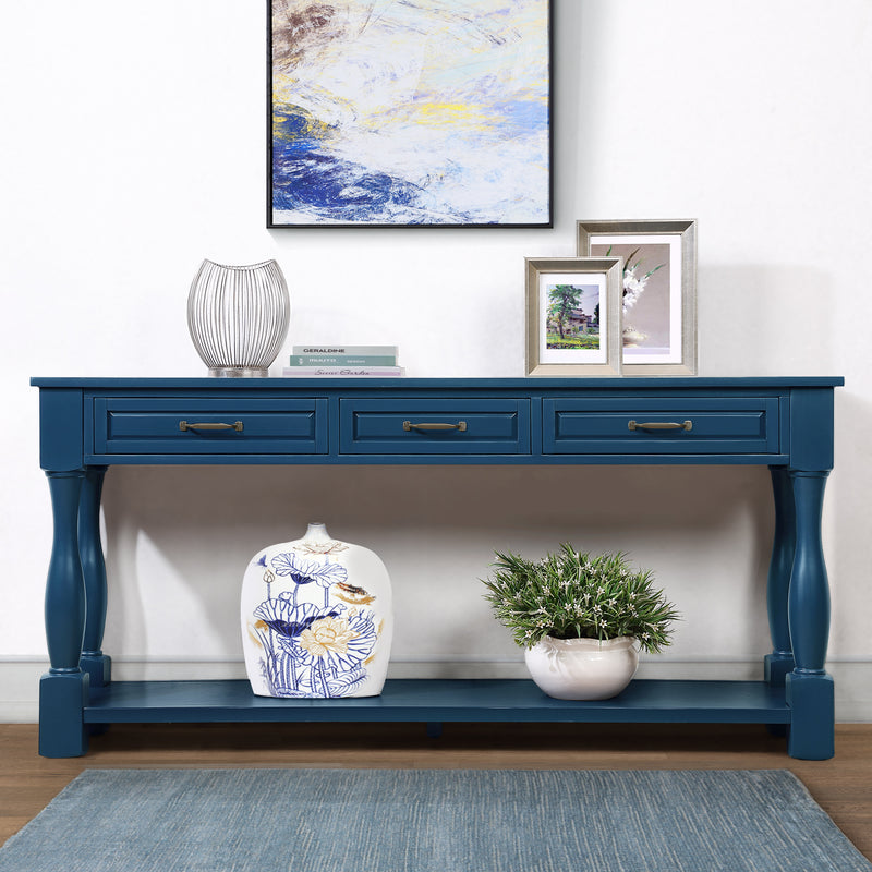 Supfirm 63inch Long Wood Console Table with 3 Drawers and 1 Bottom Shelf for Entryway Hallway Easy Assembly Extra-thick Sofa Table( Navy Blue)