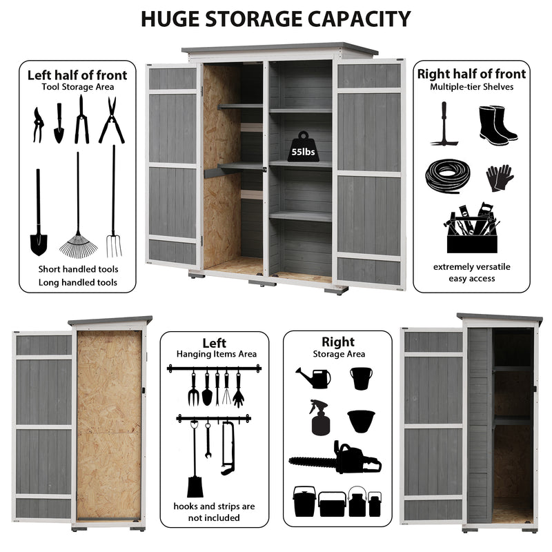 Supfirm [Video Provided] TOPMAX Outdoor 5.5ft Hx4.1ft L Wood Storage Shed, Garden Tool Cabinet with Waterproof Asphalt Roof, Four Lockable Doors, Multiple-tier Shelves, White and Gray