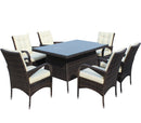 Supfirm Patio 7-Piece Rectangular Dining Set with 6 Dining Chairs (Brown &Beige Cushion )