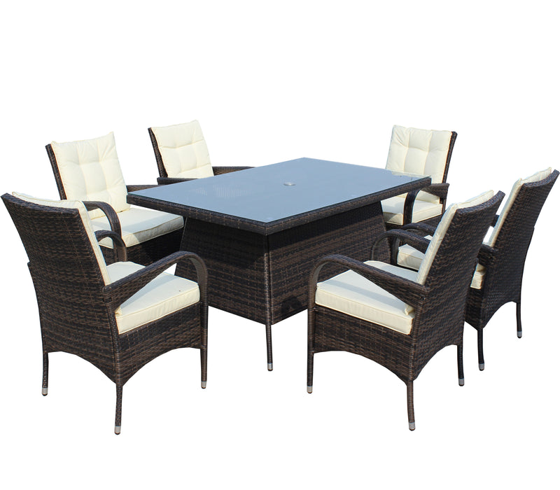 Supfirm Patio 7-Piece Rectangular Dining Set with 6 Dining Chairs (Brown &Beige Cushion )