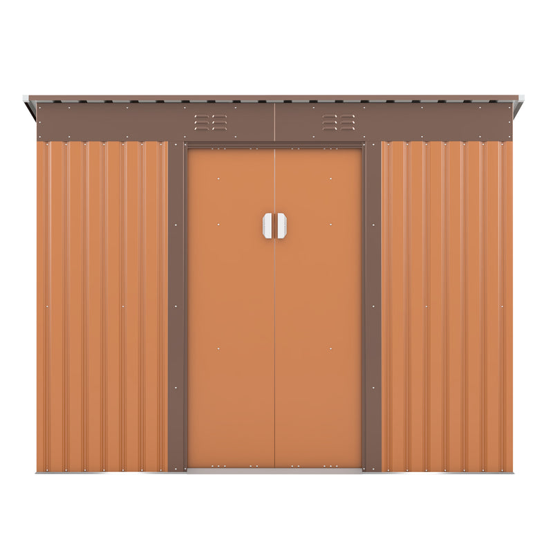 Supfirm 4.2 x 9.1 Ft Outdoor Storage Shed, Metal Tool Shed with Lockable Doors Vents, Utility Garden Shed for Patio Lawn Backyard,Brown