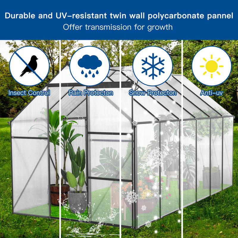 Supfirm 6x12 FT Polycarbonate Greenhouse Raised Base and Anchor Aluminum Heavy Duty Walk-in Greenhouses for Outdoor Backyard in All Season,Black