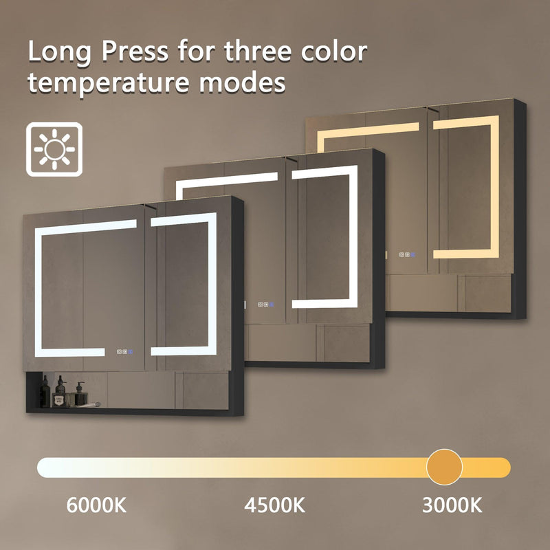 Supfirm Lighted Medicine Cabinet 36 x 32 Inch, Recessed or Surface , Clock, Room Temp Display,Defog,Night Light,Stepless Dimming,3000K-6400K, Outlets & USBs,Double Sided Mirror.Black External Storage Shelf - Supfirm