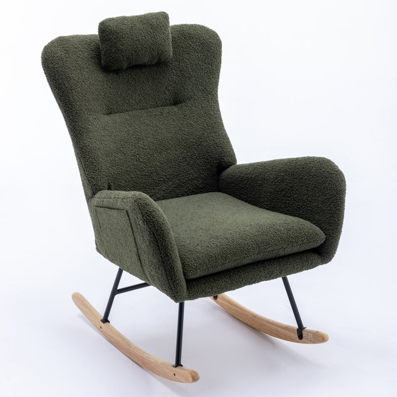 Supfirm 35.5 inch Rocking Chair with Pocket, Soft Teddy Fabric Rocking Chair for Nursery, Comfy Wingback Glider Rocker with Safe Solid Wood Base for Living Room Bedroom Balcony (dark green)