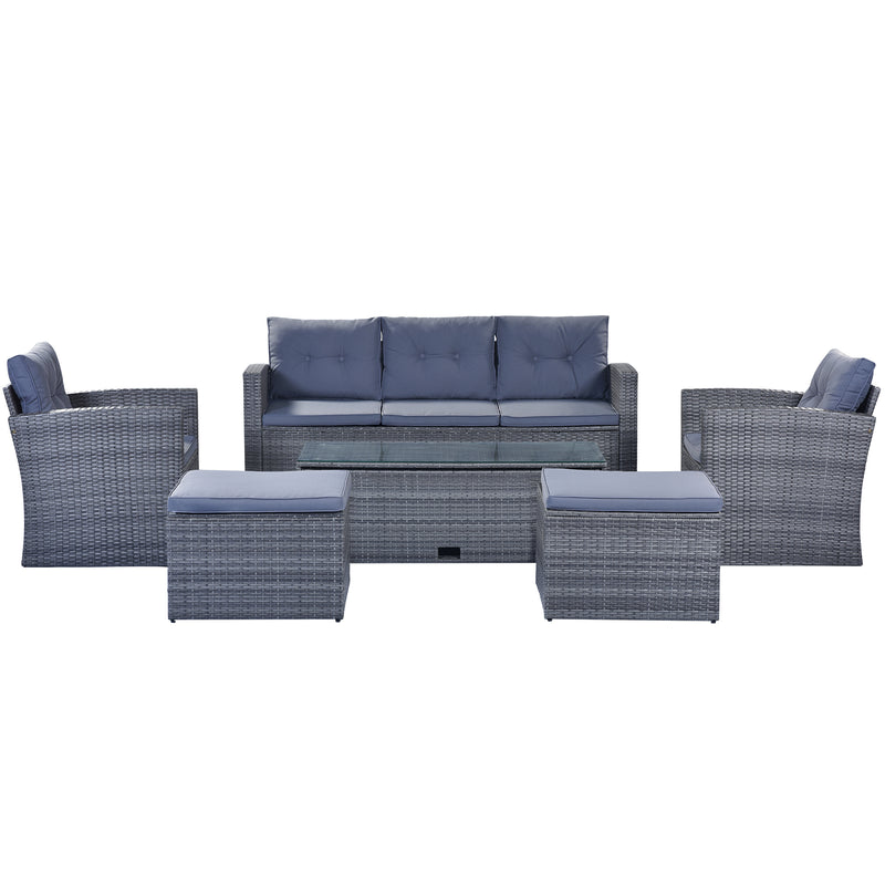 Supfirm GO 6-piece All-Weather Wicker PE rattan Patio Outdoor Dining Conversation Sectional Set with coffee table, wicker sofas, ottomans,  removable cushions (Dark grey wicker, Light grey cushion)