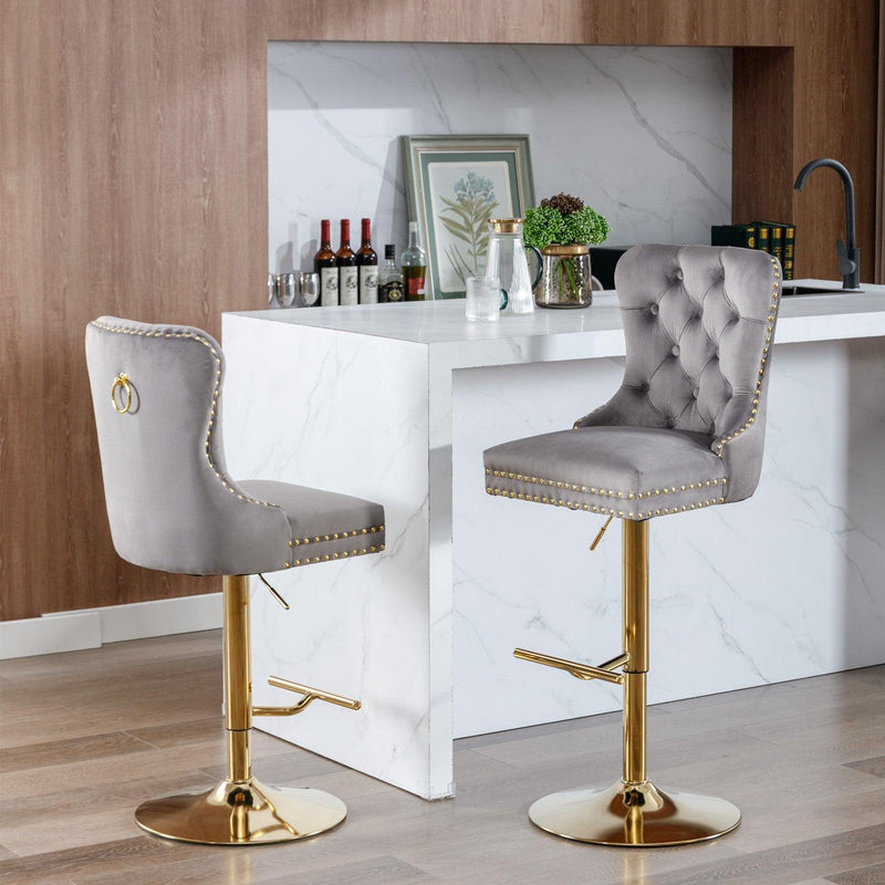 A&A Furniture,Thick Golden Swivel Velvet Barstools Adjusatble Seat Height from 25-33 Inch, Modern Upholstered Bar Stools with Backs Comfortable Tufted for Home Pub and Kitchen Island (Gray,Set of 2) - Supfirm