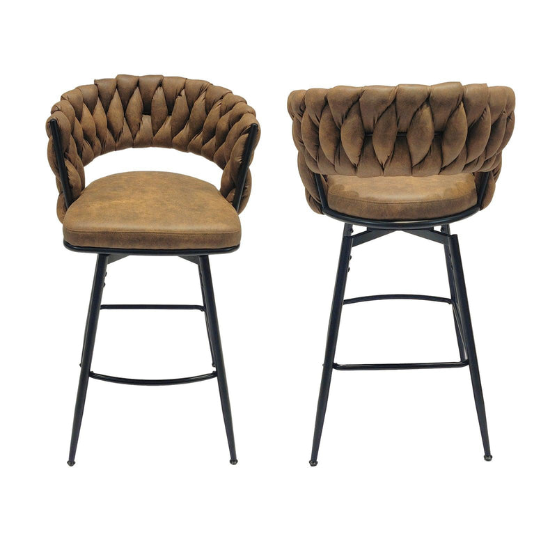 Technical Leather Woven Bar Stool Seat Set of 4,Black legs Barstools No Adjustable Kitchen Island Chairs,360 Swivel Bar Stools Upholstered Bar Chair Counter Stool Arm Chairs with Back Footrest, (Brown) - Supfirm