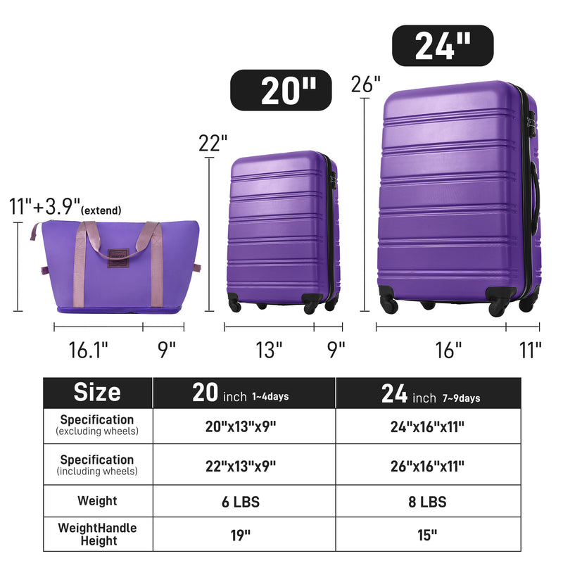 Supfirm Hardshell Luggage Sets 2Pcs + Bag Spinner Suitcase with TSA Lock Lightweight 20" + 24"