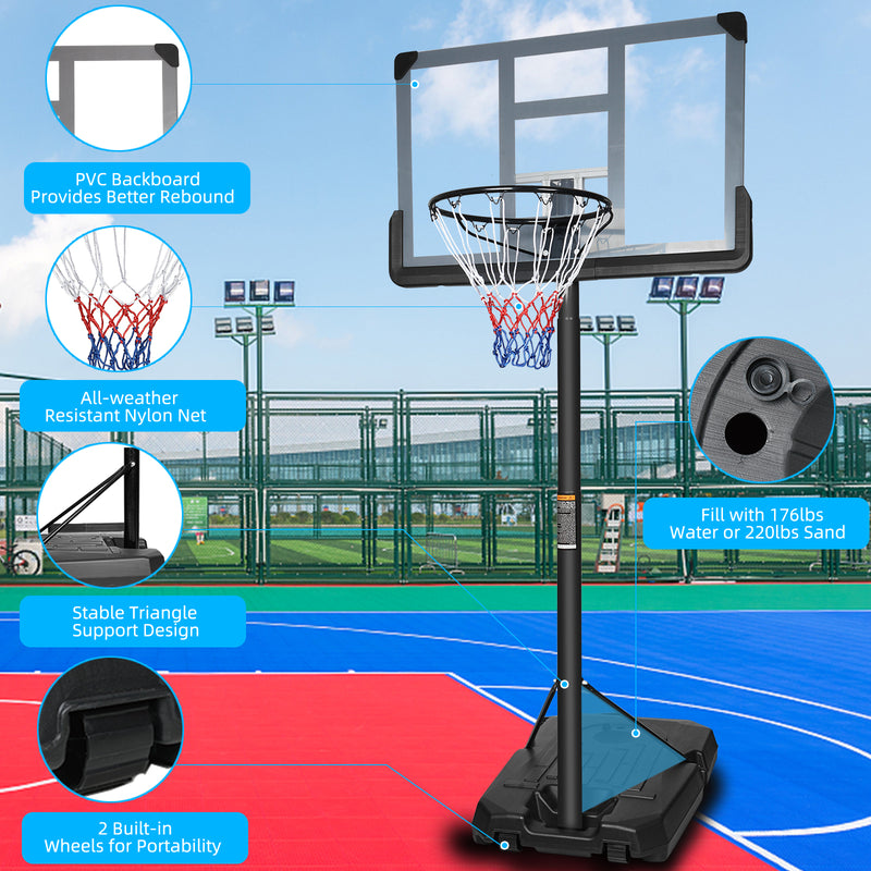 Supfirm Portable Basketball Hoop Backboard System Stand Height Adjustable 6.6ft - 10ft with 44 Inch Backboard and Wheels for Adults Teens Outdoor Indoor Basketball Goal Game Play Set