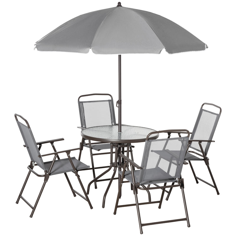 Supfirm 6 Piece Patio Dining Set for 4 with Umbrella, Outdoor Table and Chairs with 4 Folding Dining Chairs & Round Glass Table for Garden, Backyard and Poolside, Gray