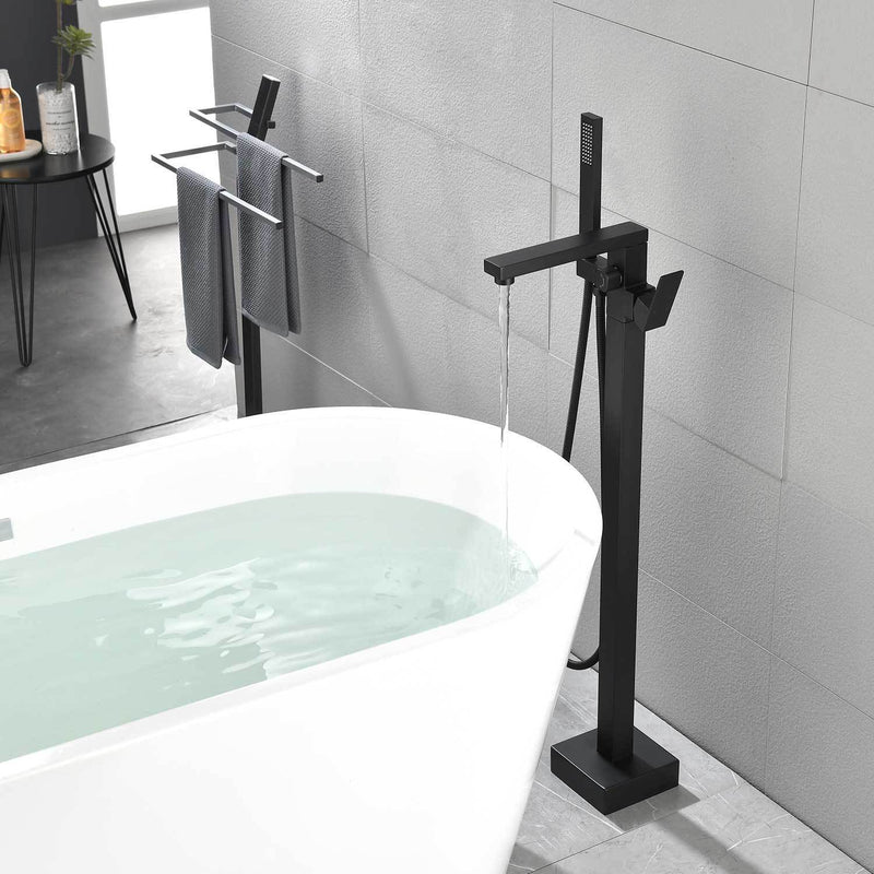 Supfirm Freestanding Bathtub Faucet Tub Filler Matte Black Floor Mount Bathroom Faucets Brass Single Handle with Hand Shower