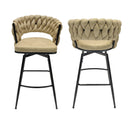 Technical Leather Woven Bar Stool Seat Set of 2,Black legs Barstools No Adjustable Kitchen Island Chairs,360 Swivel Bar Stools Upholstered Counter Stool Arm Chairs with Back Footrest, (Light Brown) - Supfirm