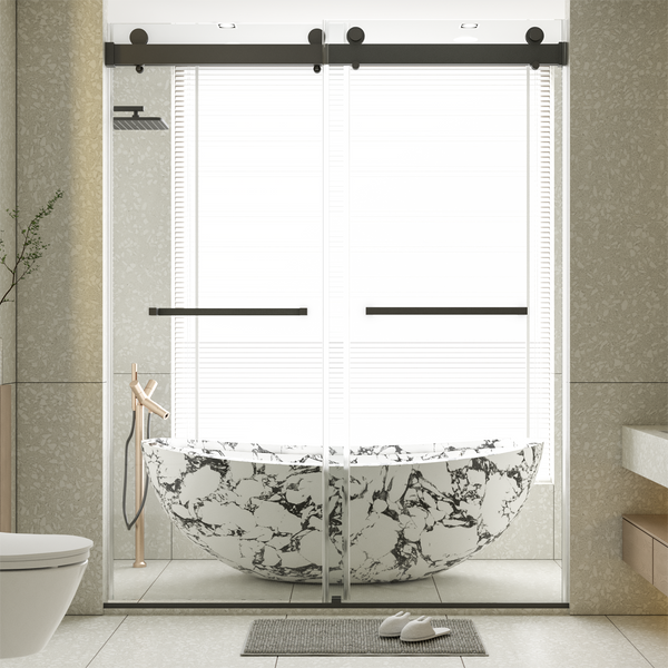 Supfirm 56-60 inches W *76 inches H  Frameless Double Sliding Soft-Close Shower Door in Matte Black,3/8 inches (10mm) Thick SGCC Tempered Glass  Door with Explosion Proof Film(ED)