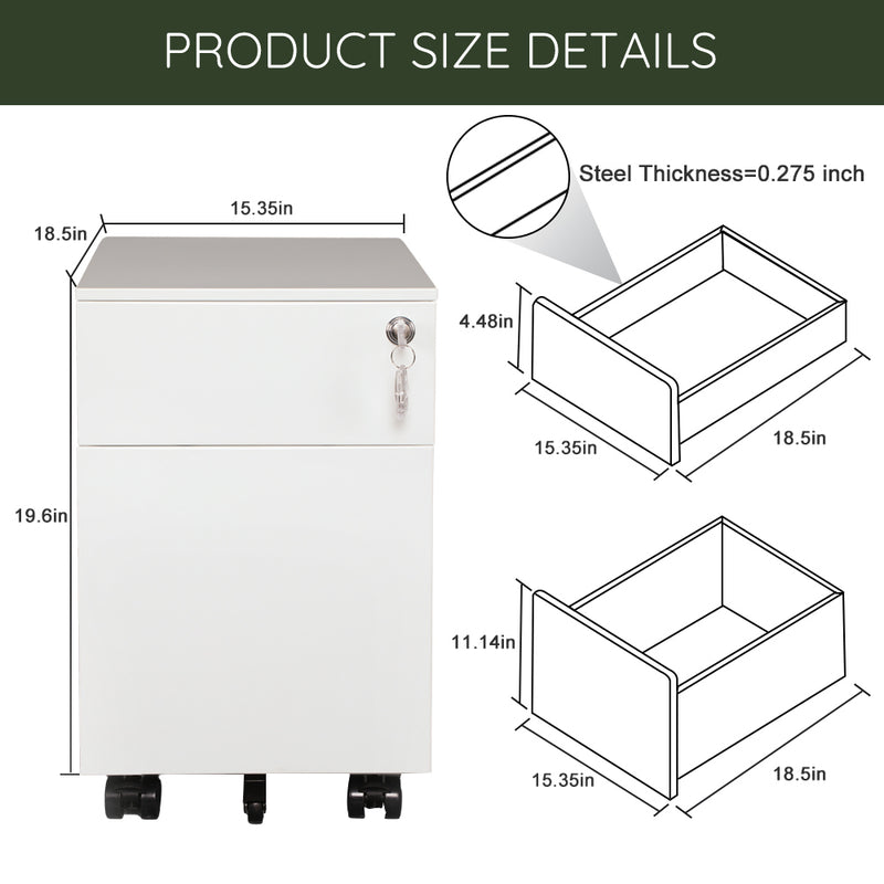 Supfirm 2 Drawer Mobile File Cabinet with Lock Metal Filing Cabinet for Legal/Letter/A4/F4 Size, Fully Assembled Include Wheels, Home/Office Design,WHITE