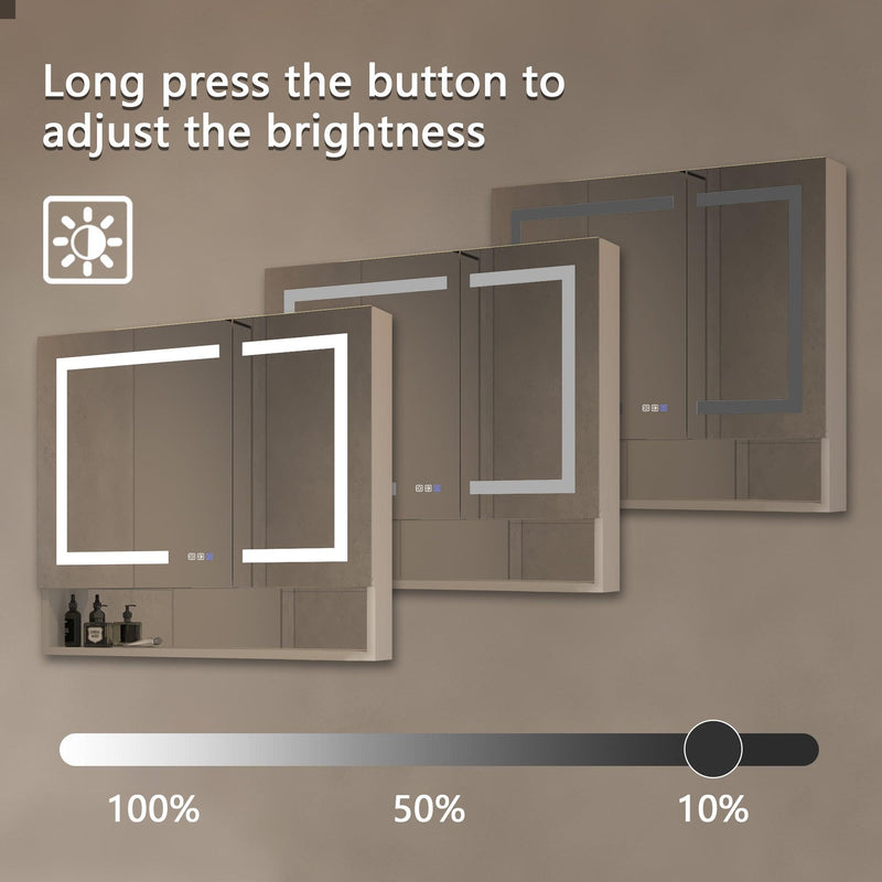 Supfirm Lighted Medicine Cabinet 36 x 32 Inch, Recessed or Surface , Clock, Room Temp Display,Defog,Night Light,Stepless Dimming,3000K-6400K, Outlets & USBs,Double Sided Mirror.Silver External Storage Shelf - Supfirm