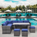 Supfirm Outdoor Patio Furniture Set,7 Pieces Outdoor Sectional Conversation Sofa with Dining Table,Chairs and Ottomans,All Weather PE Rattan and Steel Frame,With Backrest and Removable Cushions(Grey+Blue)