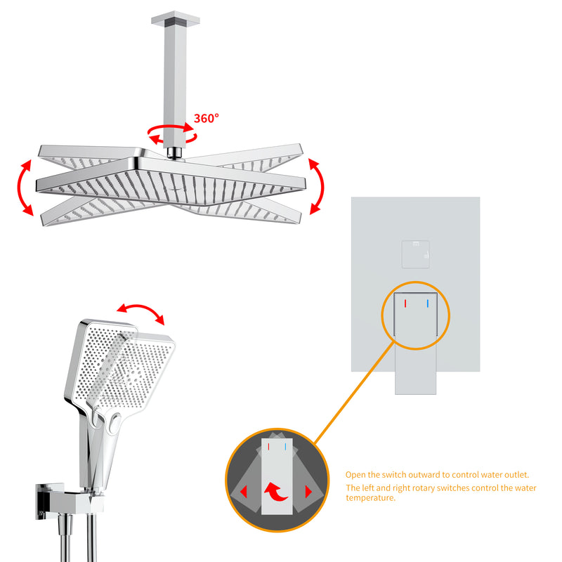 Supfirm Shower System, Ultra-thin Wall Mounted Shower Faucet Set for Bathroom with High Pressure Big Size Stainless Steel Rain Shower head Handheld Shower Set, 12 inch square large panel, Chrome