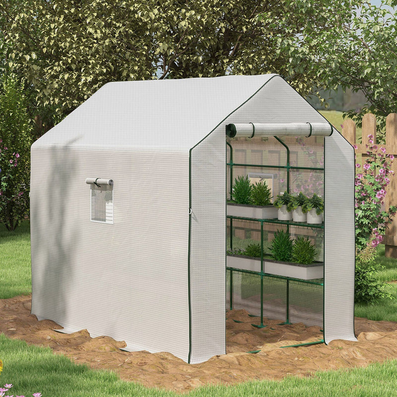 Supfirm 4.6' x 4.7' Portable Greenhouse, Water/UV Resistant Walk-In Small Outdoor Greenhouse with 2 Tier U-Shaped Flower Rack Shelves, Roll Up Door & Windows, White