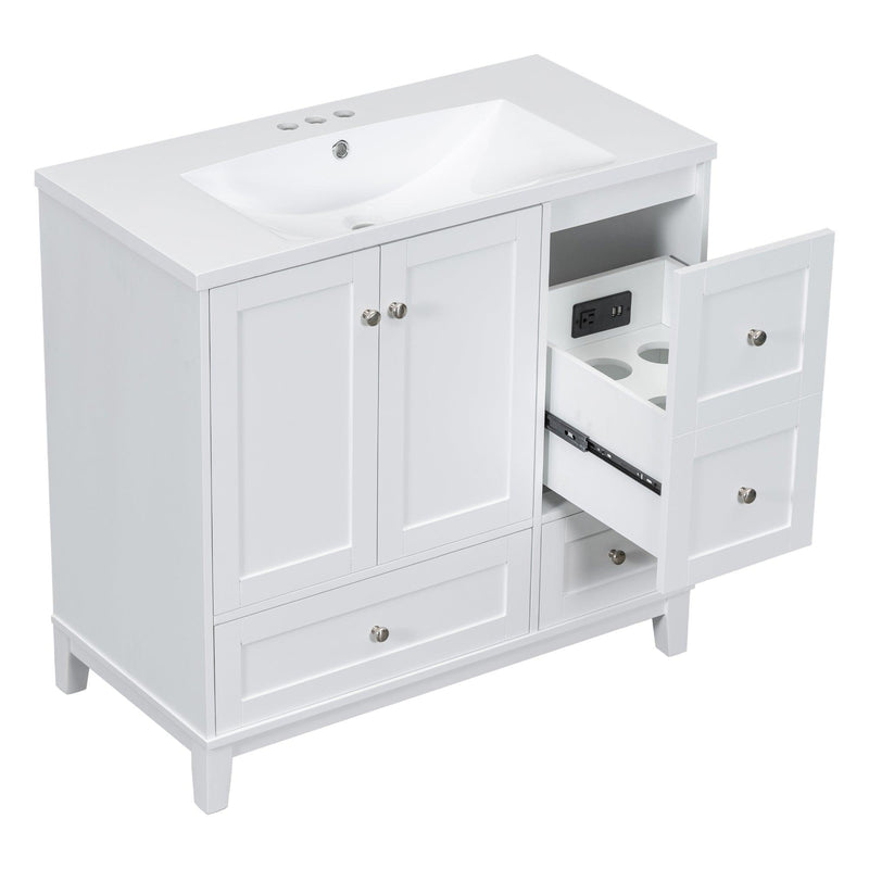 Supfirm 36 Inch Modern Bathroom Vanity with USB Charging, Two Doors and Three Drawers Bathroom Storage Vanity Cabinet, Small Bathroom Vanity cabinet with single sink , White & Gray Blue - Faucets Not Included - Supfirm