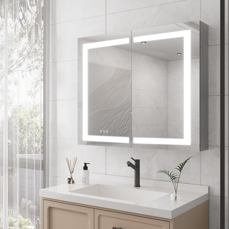 36 x 30 inch Medicine Cabinet with LED Vanity Mirror, Anti-Fog, Recessed or Surface Mount, Waterproof, Dimmable, Aluminum 3000K~6000K Lighted Double Door Bathroom Cabinet with Touch Switch - Supfirm