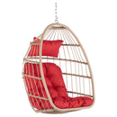 Supfirm Outdoor Garden Rattan Egg Swing Chair Hanging Chair Wood+Red cushion