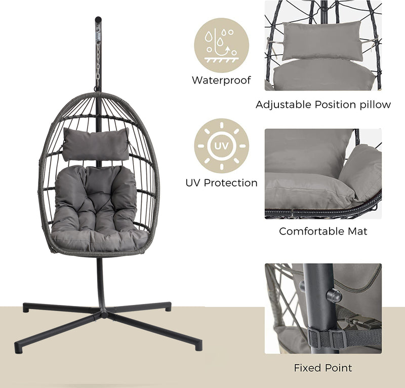 Supfirm Outdoor Garden Rattan Egg Swing Chair Hanging Chair  Light Gray Cushion