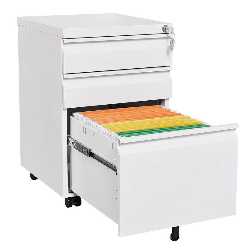 Supfirm 3-Drawer Mobile File Cabinet with Lock, Office Storage Filing Cabinet for Legal/Letter Size, Pre-Assembled Metal File Cabinet Except Wheels Under Desk(White)