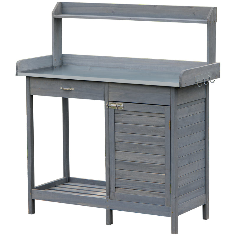 Supfirm Outdoor Potting Bench Table, Garden Work Station with Storage Cabinet, Open Shelf and Steel Tabletop, Gray