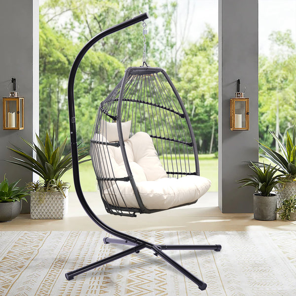 Supfirm Outdoor Patio Wicker Folding Hanging Chair,Rattan Swing Hammock Egg Chair With Cushion And Pillow