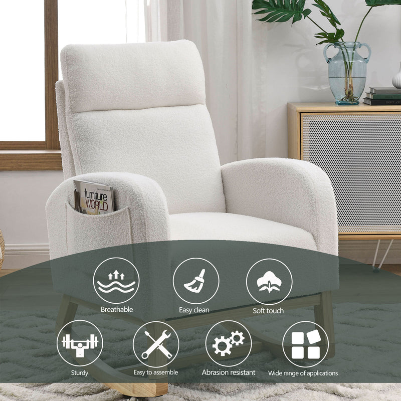 Supfirm [Video] Welike 27.6"W Modern Accent High Backrest Living Room Lounge Arm Rocking Chair, Two Side Pocket ,Teddy White (Ivory)