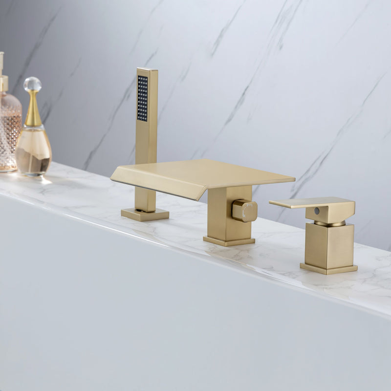 Supfirm Waterfall Roman Tub Faucet with Hand Shower High Flow Bathtub Faucet 3 Hole Widespread Tub Filler Deck Mount Solid Brass