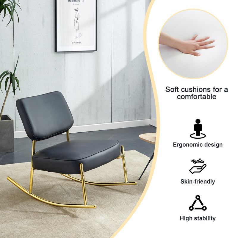 Supfirm PU material cushioned rocking chair, unique rocking chair, cushioned seat, black backrest rocking chair, and gold metal legs. Comfortable side chairs in the living room, bedroom, and office