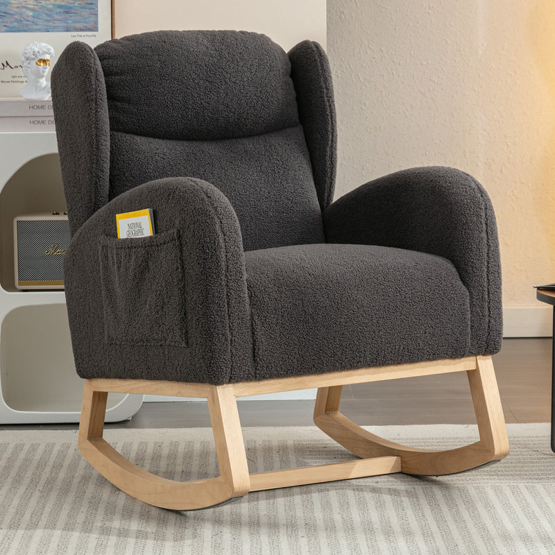 Supfirm 049-Teddy Fabric Rocking Chair With Packet Wood Legs,Dark Gray