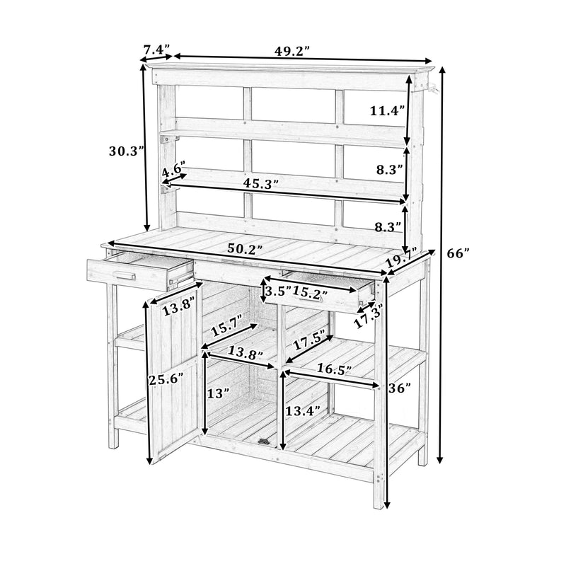 Supfirm TOPMAX 66" Large Outdoor Farmhouse Wooden Potting Bench Table, Garden Workstation with 2 Drawers, Cabinet and Open Shelves for Backyard, Mudroom, Brown