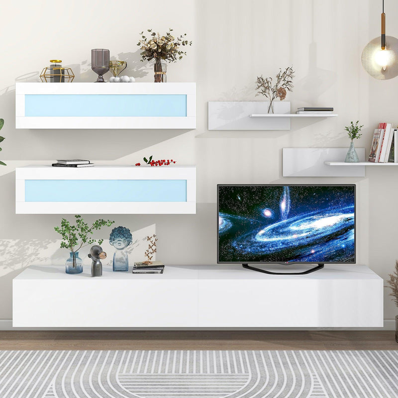 ON-TREND Wall Mount Floating TV Stand with Four Media Storage Cabinets and Two Shelves, Modern High Gloss Entertainment Center for 95+ Inch TV, 16-color RGB LED Lights for Living Room, Bedroom, White - Supfirm