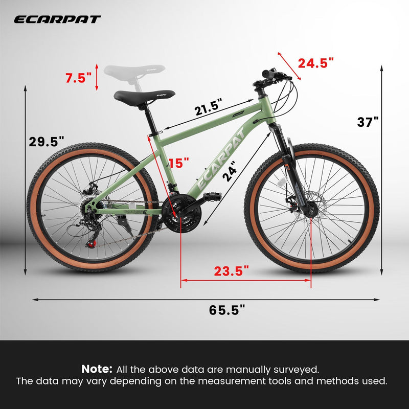 Supfirm Ecarpat Mountain Bike 24 Inch Wheel, 21-Speed Disc Brakes Trigger Shifter, Carbon Steel Frame Youth Teenagers Mens Womens Trail Commuter City Snow Beach Mountain Bikes Bicycles