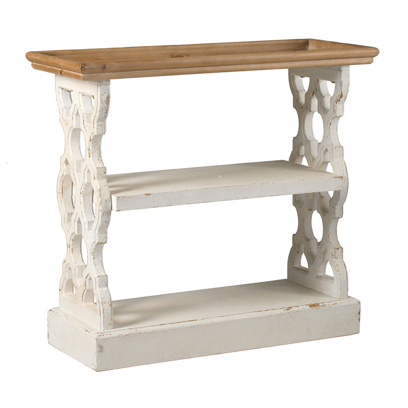 Supfirm 35.5" x 14" x 32" Distressed White and Natural Wood Shelf Tray, French Country Console Table