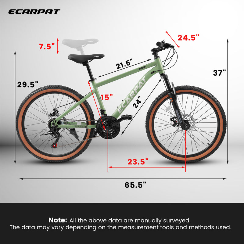 Supfirm A24301 Ecarpat Mountain Bike 24 Inch Wheels, 21-Speed Mens Womens Trail Commuter City Mountain Bike, Carbon steel Frame Disc Brakes Thumb Shifter Front Fork Bicycles