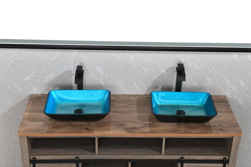 Supfirm 18.125" L -13.0" W -4 1/8" H Handmade Countertop Glass Rectangular Vessel Bathroom Sink Set in Turquoise Finish with Matte Black Single-Handle Single Hole Faucet and Pop Up Drain