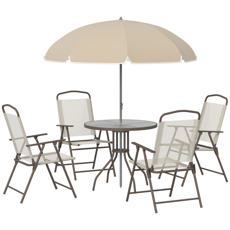 Supfirm 6 Piece Patio Dining Set for 4 with Umbrella, Outdoor Table and Chairs with 4 Folding Dining Chairs & Round Glass Table for Garden, Backyard and Poolside, Beige