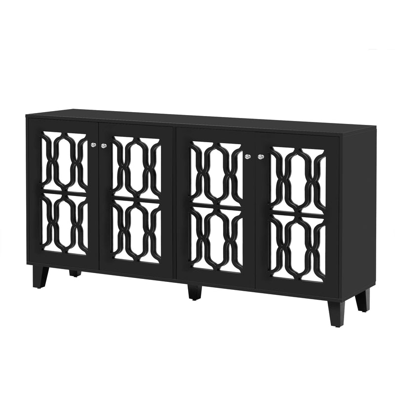 ON-TREND Buffet Cabinet with Adjustable Shelves, 4-Door Mirror Hollow-Carved TV stand for TVs Up to 65'', Multi-functional Console Table with Storage Credenza Accent Cabinet for Living Room, Black - Supfirm