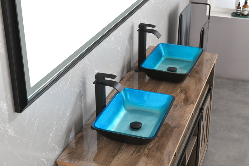 Supfirm 18.125" L -13.0" W -4 1/8" H Handmade Countertop Glass Rectangular Vessel Bathroom Sink Set in Turquoise Finish with Matte Black Single-Handle Single Hole Faucet and Pop Up Drain