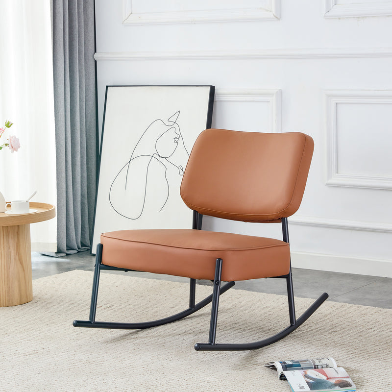 Supfirm PU material cushioned rocking chair, unique rocking chair, cushioned seat, brown backrest rocking chair, black metal legs. Comfortable side chairs in the living room, bedroom, and office