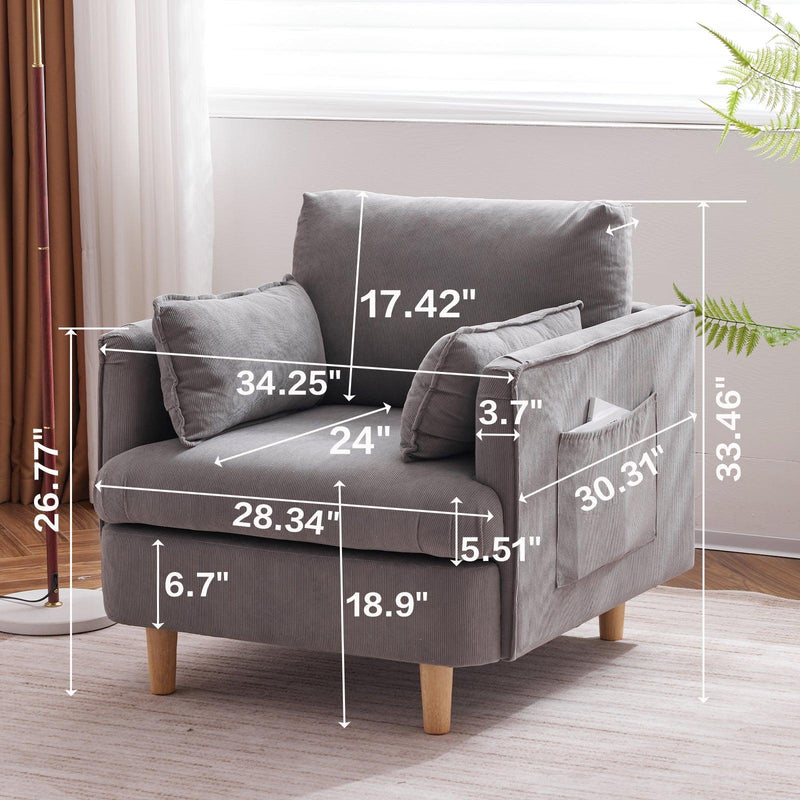 29.5 "W Modern Fabric Decorative Chair Armchair Upholstered Reading Chair Single Sofa Casual Club Chair with Solid Wooden Feet and 2 Pillow, for living room, bedroom, bed room, office, corduroy fabric - Supfirm