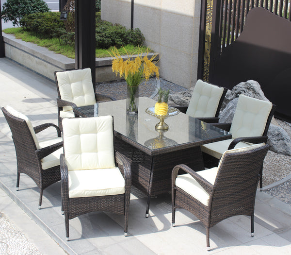 Supfirm Patio 7-Piece Rectangular Dining Set with 6 Dining Chairs (Brown &Beige Cushion )