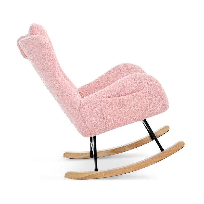 Supfirm Rocking Chair Nursery, Teddy Upholstered Rocker Glider Chair with High Backrest, Adjustable Headrest & Pocket, Comfy Glider Chair for Nursery, Bedroom, Living Room, Offices, Rubber wood, pink