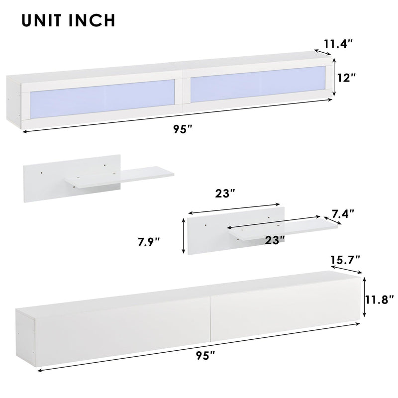 ON-TREND Wall Mount Floating TV Stand with Four Media Storage Cabinets and Two Shelves, Modern High Gloss Entertainment Center for 95+ Inch TV, 16-color RGB LED Lights for Living Room, Bedroom, White - Supfirm