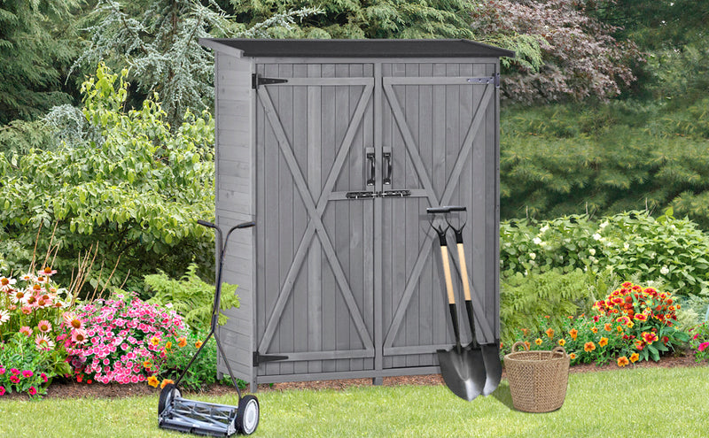 Supfirm TOPMAX Outdoor 5.3ft Hx4.6ft L Wood Storage Shed Tool Organizer,Garden Shed, Storage Cabinet with Waterproof Asphalt Roof, Double Lockable Doors, 3-tier Shelves for Backyard, Gray